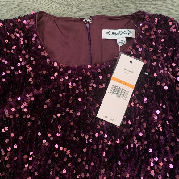 Nanette Nanette Lepore Short Sleeve Velvet Sequin Blouse - Size S - Plum - NWT - Picture 9 of 9